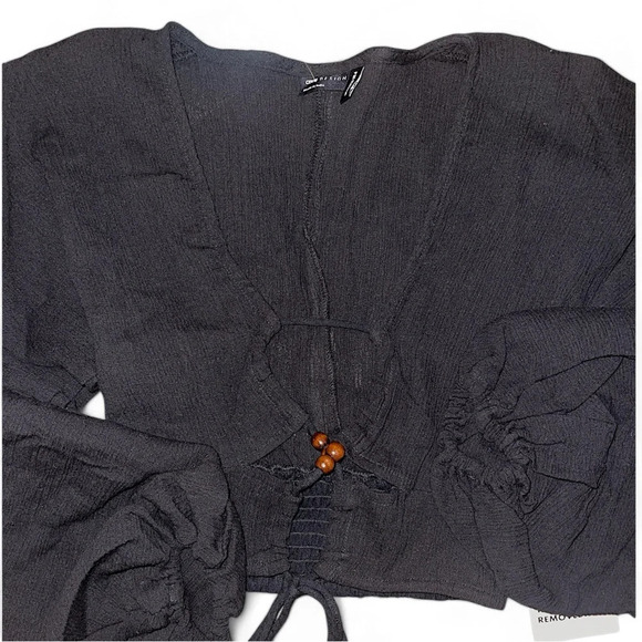 ASOS Linen Cotton Long Puff Sleeve Top Lace Up Black Deep V Front Y2K 4 S - Picture 4 of 12